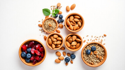 Fototapeta premium A vibrant flat lay composition featuring an assortment of superfoods, including plump goji berries, nutty chia seeds, crunchy almonds, juicy blueberries, and nutty flaxseeds, arranged artfully in thre