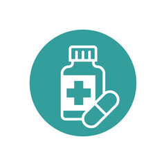 Medicine bottle and pill icon. Pharmacy and healthcare logo. Vector illustration.