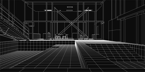 A black and white drawing of a room features a central staircase with detailed railings, surrounded by chairs and tables. The floor is clearly visible at the bottom.