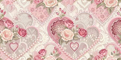 Elegant Romantic Hearts and Roses Pattern Design Featuring Intricate Lace Accents and Pearl Details