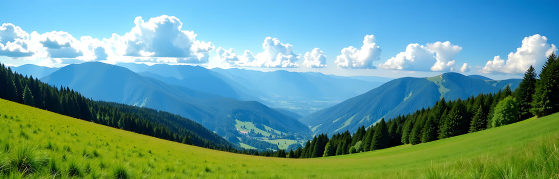 beautiful mountain landscape features blue skies lush green forests rolling hills open spaces perfect