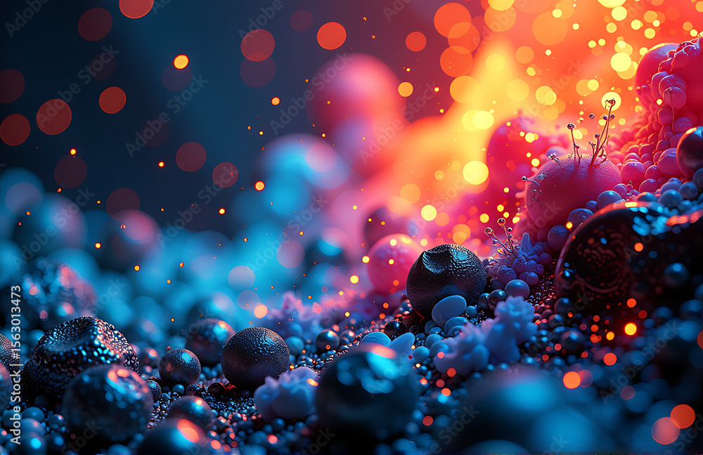 Poster background features vibrant colors metallic textures organic elements dynamic composition light shad