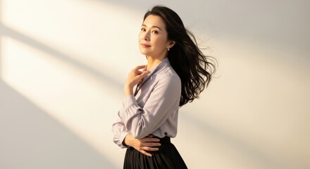 beautiful asia girl, age 50, freehair, classic look 