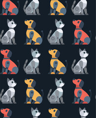 Vector seamless pattern with mechanical pets. Texture with robot dogs and robot cats in row on dark background. Animals of the future