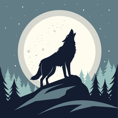 A wolf howls at the moon on a rocky mountain at night