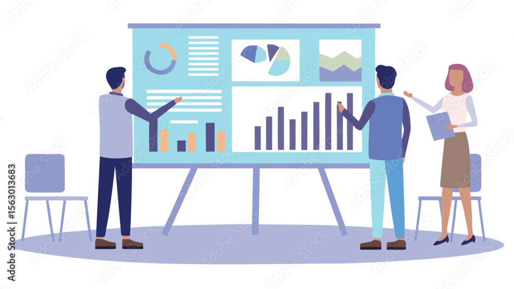 Aufkleber people presenting data charts and graphs on a presentation board in a business meeting setting