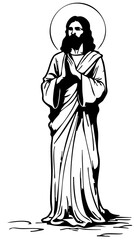Jesus Christ praying with hands clasped. Hand-drawn line art illustration for Christianity.