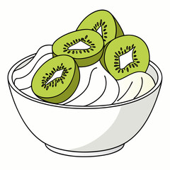 A bowl of kiwi slices with whipped cream isolated on white background