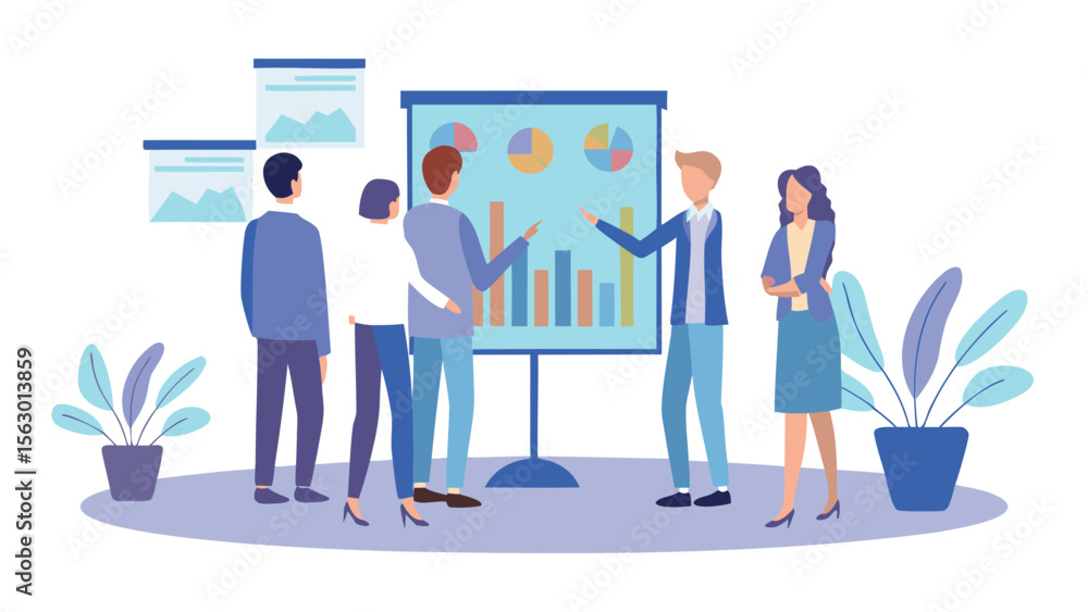 Poster people presenting charts and graphs on a presentation board in a business meeting setting scene illu