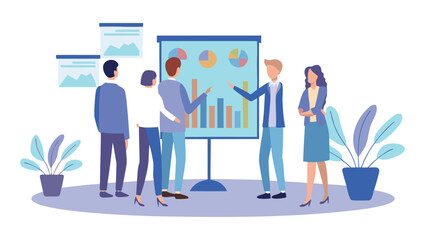 Obraz premium People presenting charts and graphs on a presentation board in a business meeting setting scene illustration