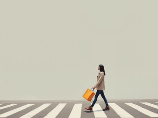 A woman with long black hair is walking across a zebra crossing while carrying an orange bag, showcasing a modern urban lifestyle and reflecting the intersection of aging population and technology