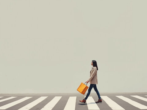 A woman with long black hair is walking across a zebra crossing while carrying an orange bag, showcasing a modern urban lifestyle and reflecting the intersection of aging population and technology