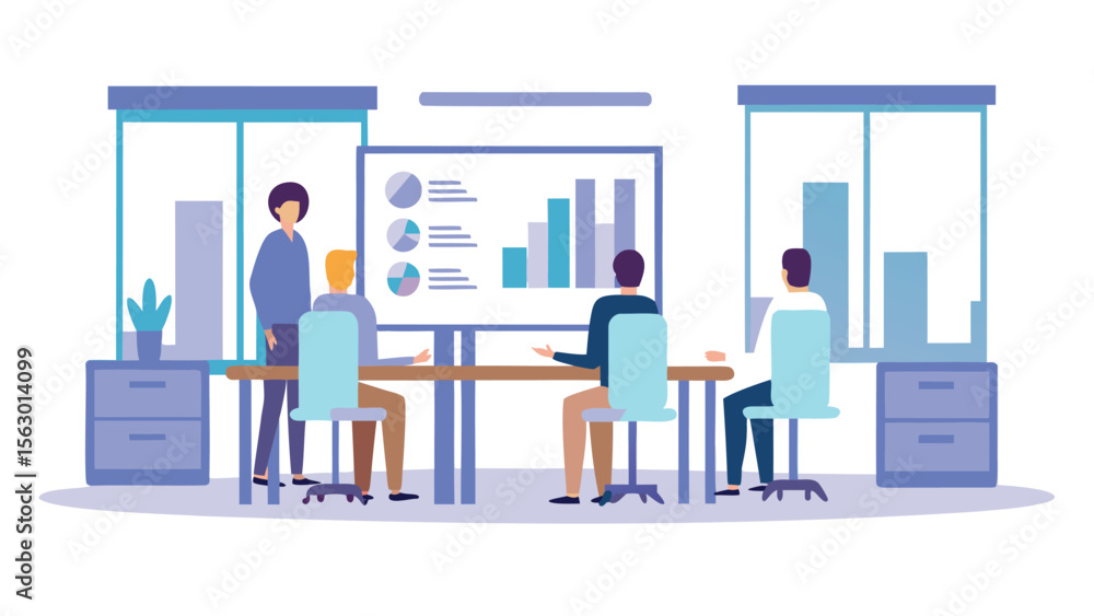 Aufkleber a group of people in a meeting room looking at a presentation with charts and graphs displayed on sc