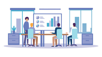 Obraz premium A group of people in a meeting room looking at a presentation with charts and graphs displayed on screen