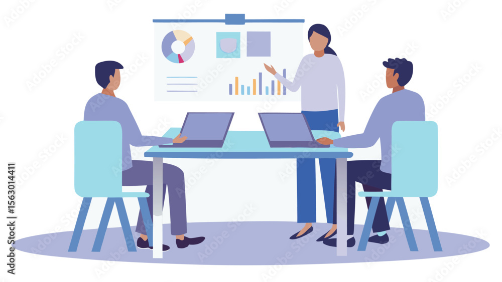 Poster a business meeting with a presenter explaining charts to two colleagues at a conference table