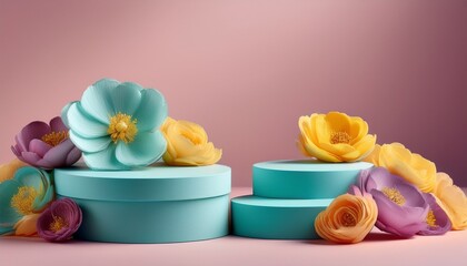 Pale turquoise empty podiums on pink background with turquoise, purple and yellowl buttercup flowers. Generated image
