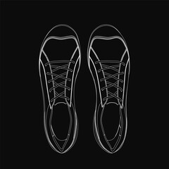 Black and white sneakers stand out against a dark background with crisp white outlines. The minimalist design highlights clean lines and modern style. The high contrast creates a striking visual.