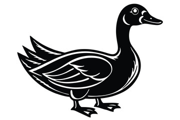 A stylized line drawing shows a goose standing with its beak slightly open