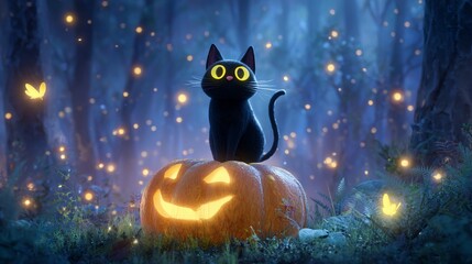 Fototapeta premium A black cat with glowing yellow eyes sitting on a giant carved pumpkin