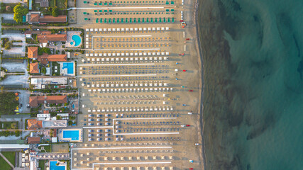 Viareggio tourist resort, Italy, aerial view. Pools, umbrellas and sun loungers on the beach, Tyrrhenian Sea.