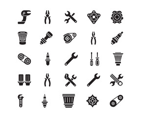 Obraz premium Car Parts & Auto Repair Tools Icons: Black Glyph Set for Vehicle Maintenance