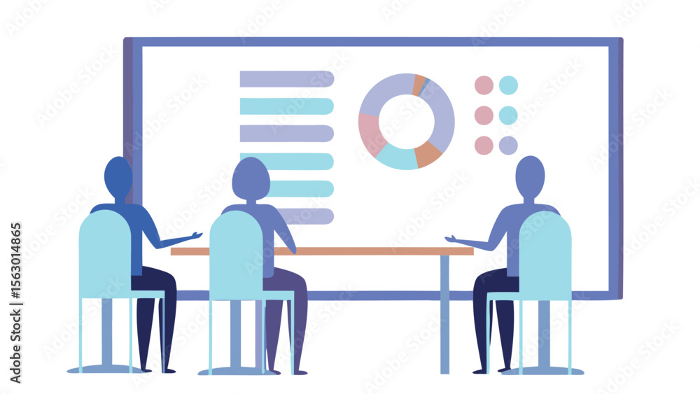 Poster three people sitting at a table looking at a presentation with charts and graphs displayed behind th