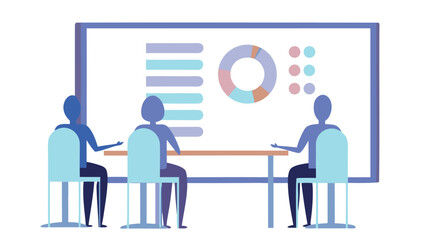 Obraz premium Three people sitting at a table looking at a presentation with charts and graphs displayed behind them