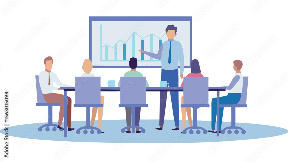 Poster illustration of a business meeting with a presenter and attendees discussing a graph on a screen