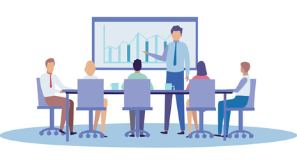 Illustration of a business meeting with a presenter and attendees discussing a graph on a screen
