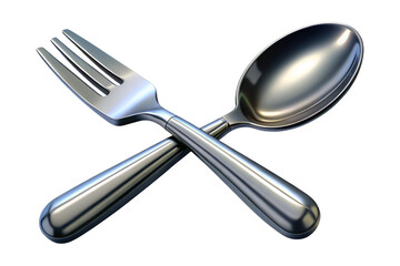 Shiny silver fork and spoon crossed together isolated on transparent background