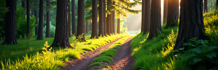 winding path tall pines warm summer afternoon invites peaceful contemplation dappled sunlight filtering