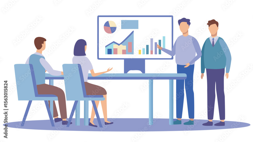 Poster people in a meeting looking at a screen with charts and graphs during a business presentation scene