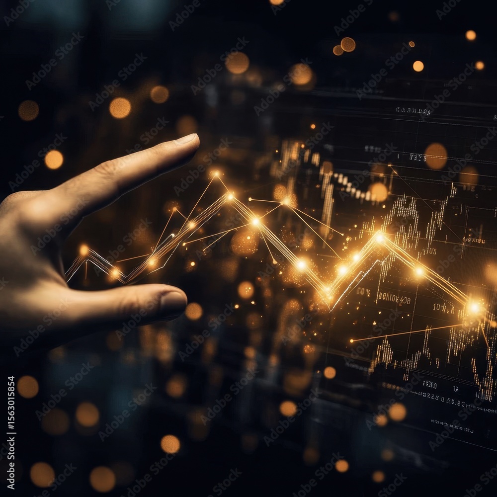 Poster a hand reaching towards a glowing stock market graph with bokeh lights on a dark background scene