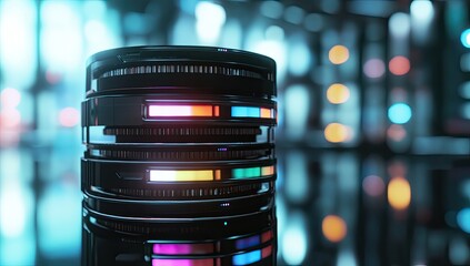 Futuristic data storage unit, stacked rings of black metal with glowing colorful segments, set against a blurred background of city lights