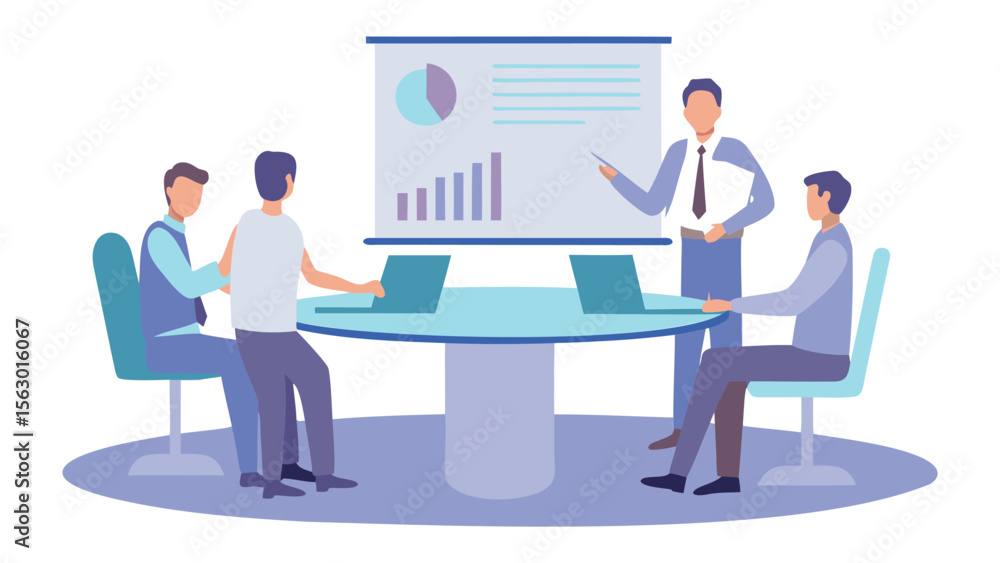Poster business meeting with presentation of charts and graphs to colleagues in the office setting scene