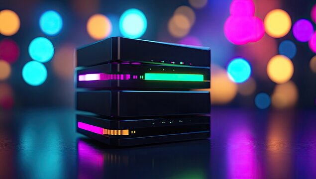 Stacked, futuristic, black computer servers, lit with vibrant neon colors,  on a reflective surface,  blurred lights in background