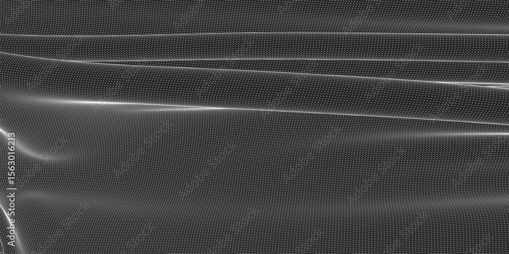 Poster Black and white abstract background features wavy lines forming an intricate mesh-like texture. The flowing pattern creates a dynamic visual effect with organic movement.