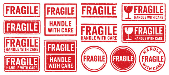 Fragile handle with care stamp vector set. Fragile Rubber Stamp design collection. Fragile Grunge stamp pack. Seal Fragile. Vector illustration image. Isolated one white background.