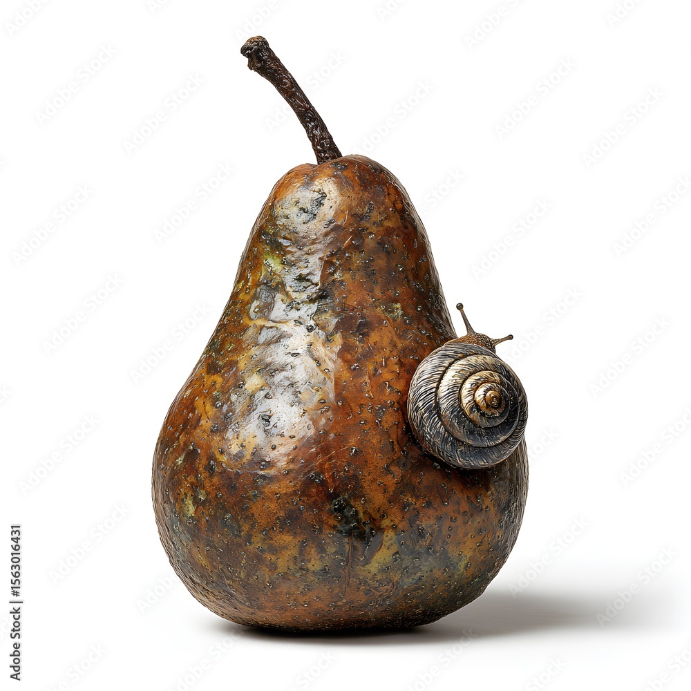 Poster close-up of a textured, aging pear with a snail on its side, set against a plain background