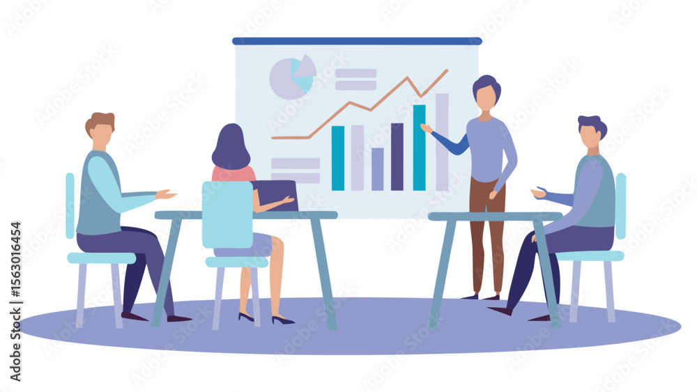 Poster a business meeting with presentation of charts and graphs with four people in attendance and discuss