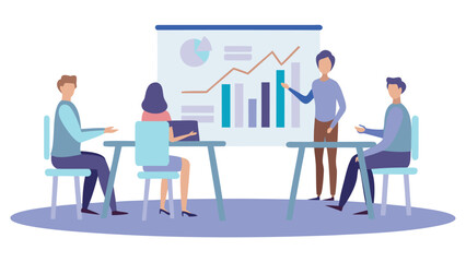 A business meeting with presentation of charts and graphs with four people in attendance and discussion