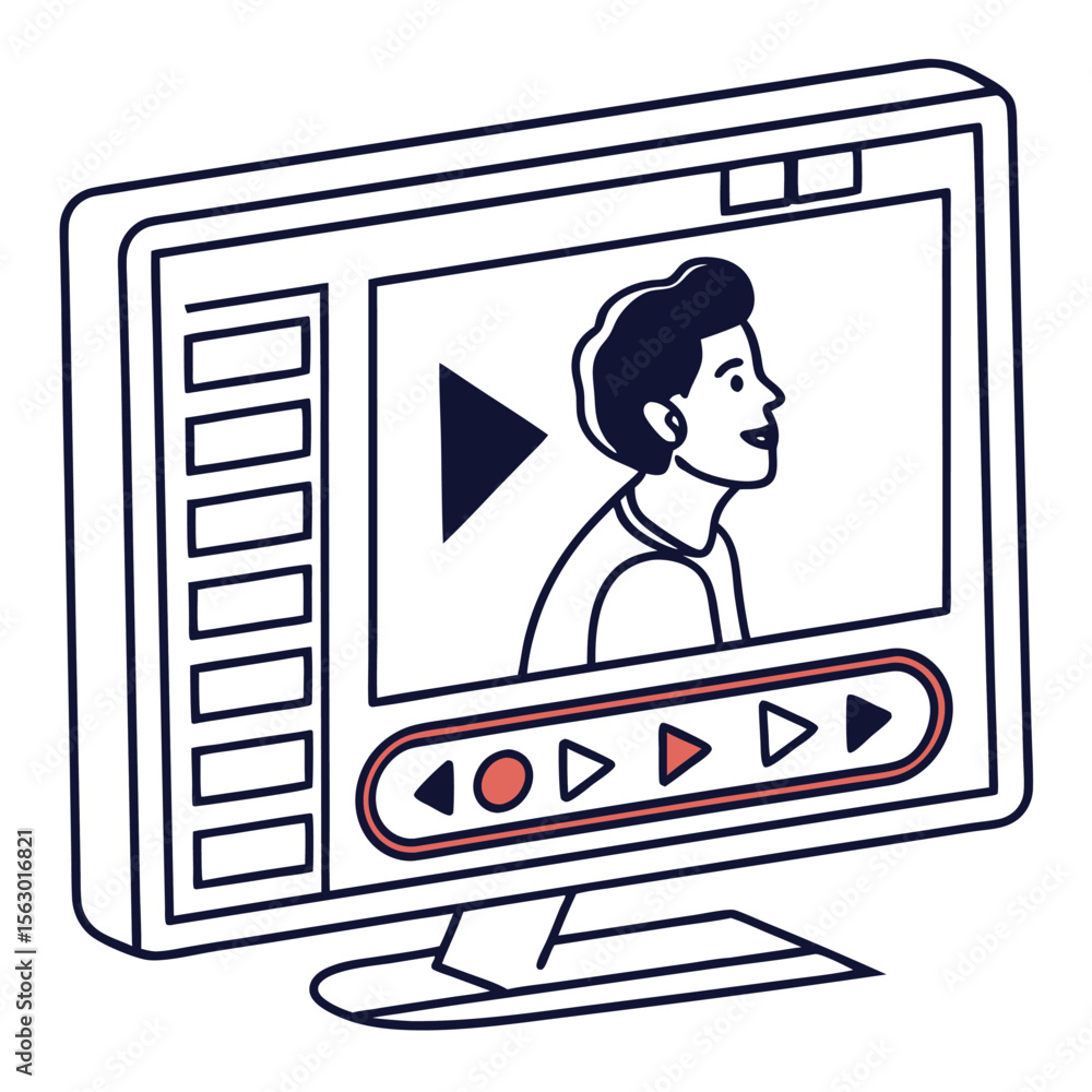 Fototapete stylized illustration of a computer monitor displaying a video player interface with a person speaki