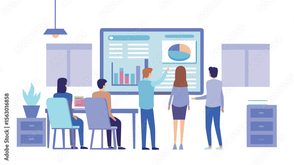 Aufkleber group of people in a presentation room looking at charts and graphs on a large screen display panel