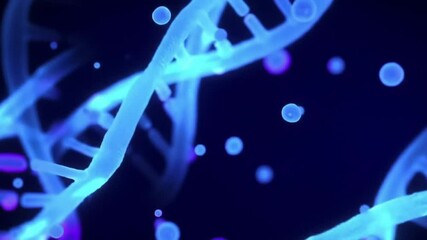 Rotating 3D DNA double helix animation in blue background - Powered by Adobe