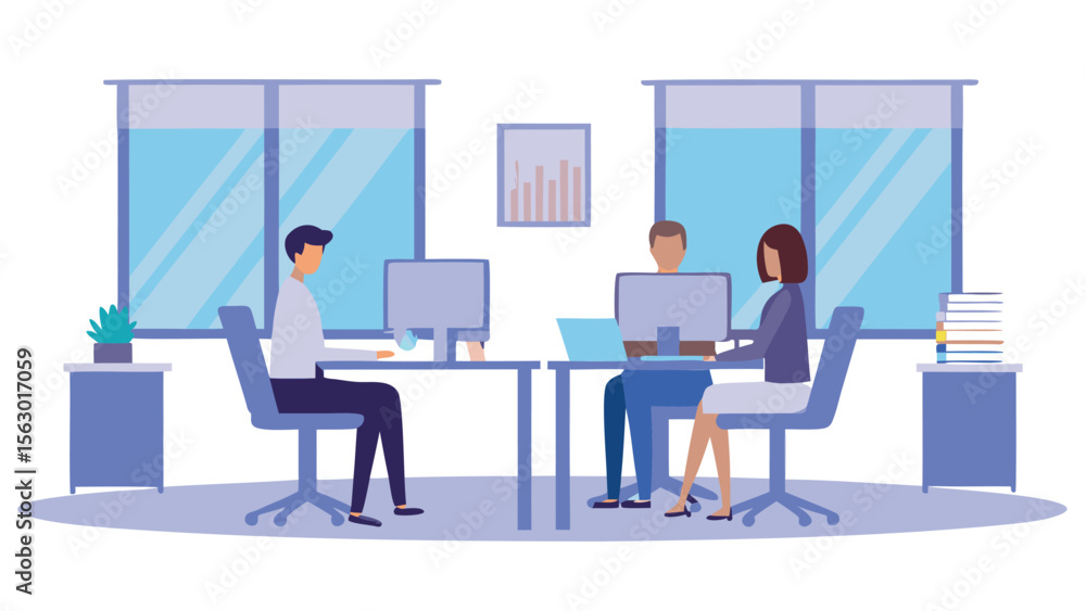 Fototapete Illustration of three people working at their desks in an office with windows and computers