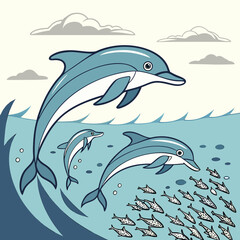 Naklejka premium Dolphins jump above a school of fish in the ocean under cloudy skies