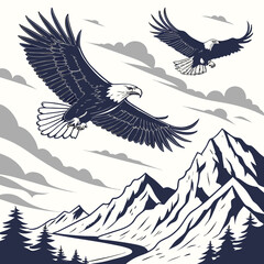 Obraz premium Two eagles soar above a mountain landscape with a river