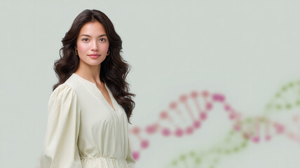 Confident woman stands gracefully, showcasing her natural beauty against soft background featuring DNA strand. Her elegant attire complements