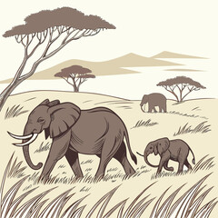 Elephants roam the savanna under acacia trees