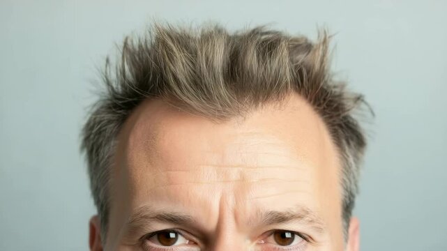 Close up of male forehead with brown eye, hair, wrinkles, and natural skin expression on human face showing detailed facial features and emotion in casual indoor light environment